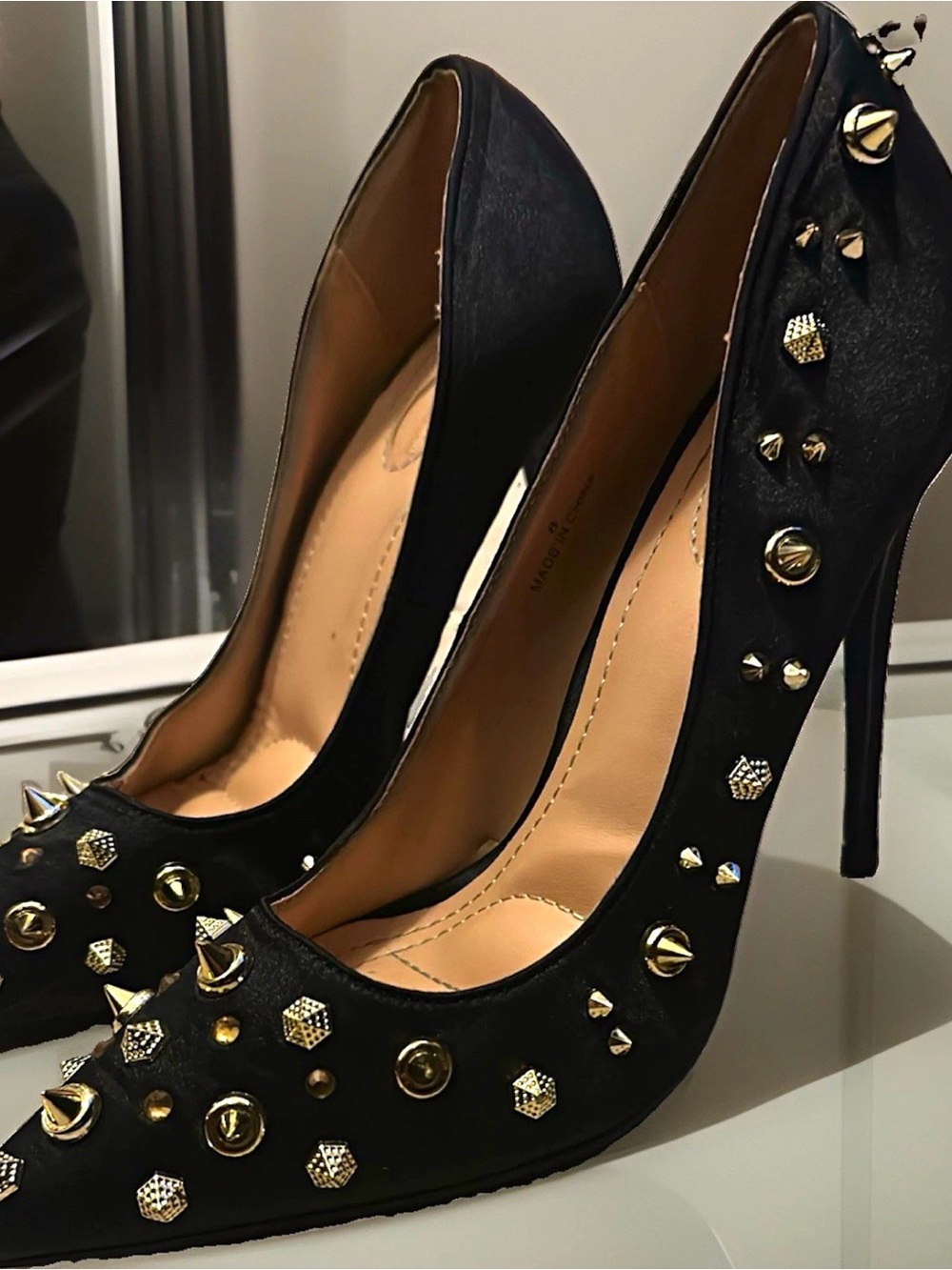 Elegant Creations Black Studded Pointed-Toe Stiletto Heels with Gold Accents 8